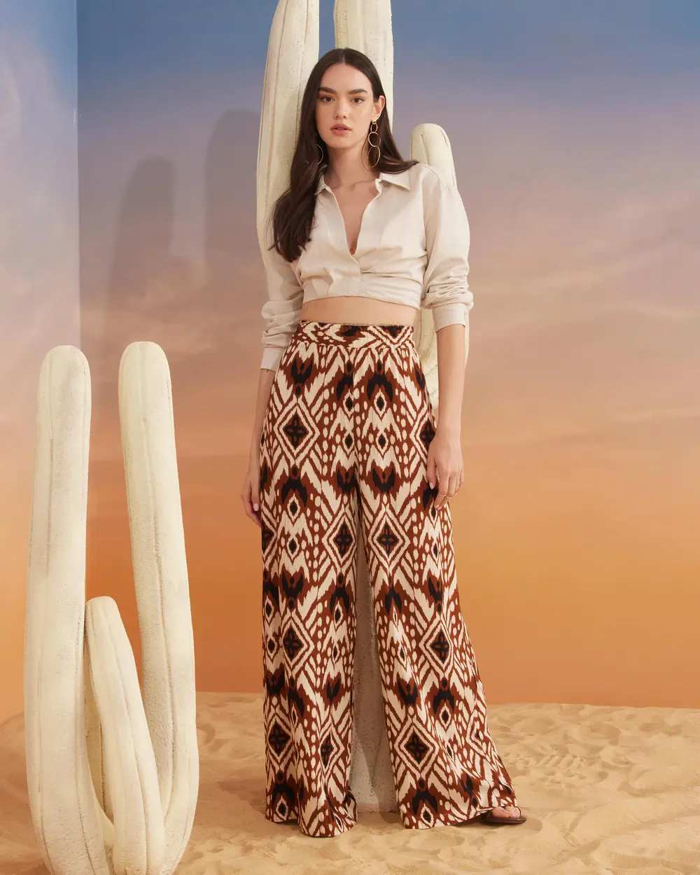 Ethnic Patterned Elastic Waist Trousers