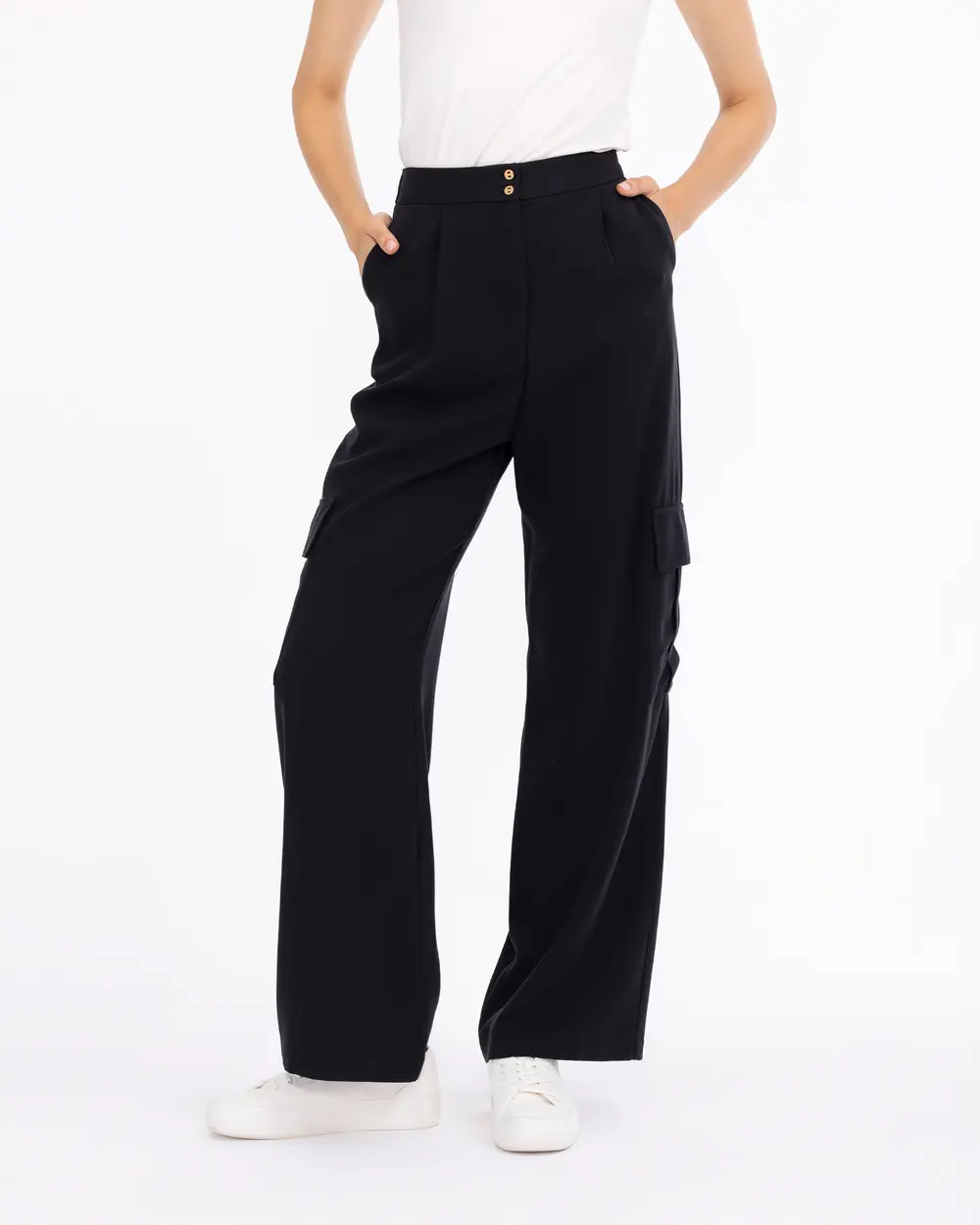 Half Elastic Waist Full Length Cargo Pants