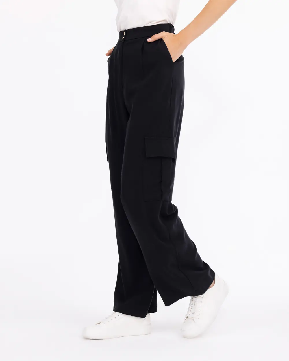 Half Elastic Waist Full Length Cargo Pants