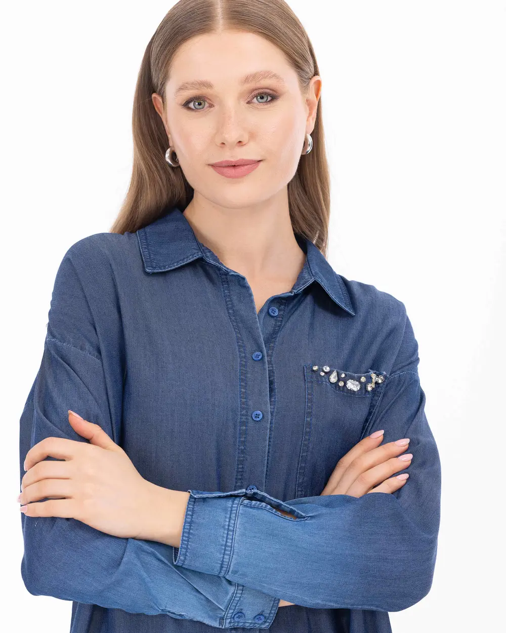 Tensel Kumaş Renk Geçişli Gömlek Yaka Jean Tunik