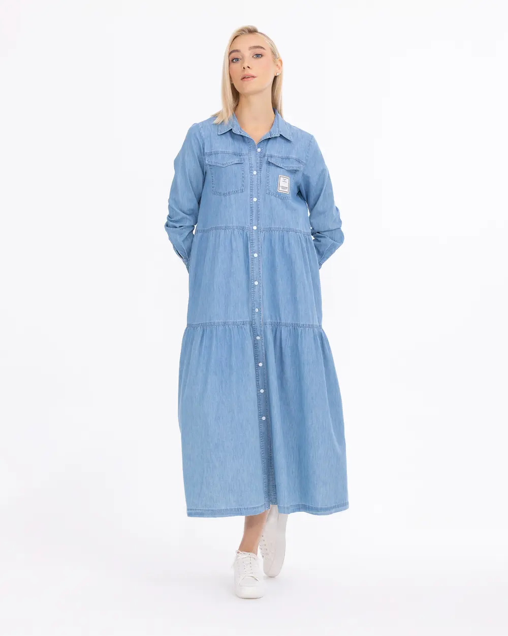 Cep Detaylı ÇıtÇıt Düğmeli Uzun Boy Jean Elbise