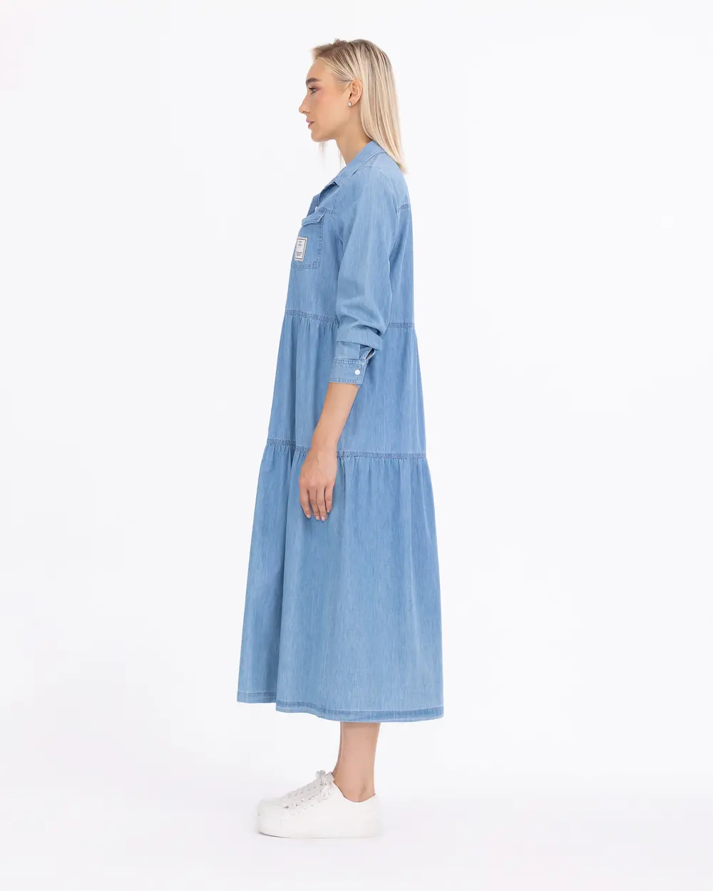 Cep Detaylı ÇıtÇıt Düğmeli Uzun Boy Jean Elbise