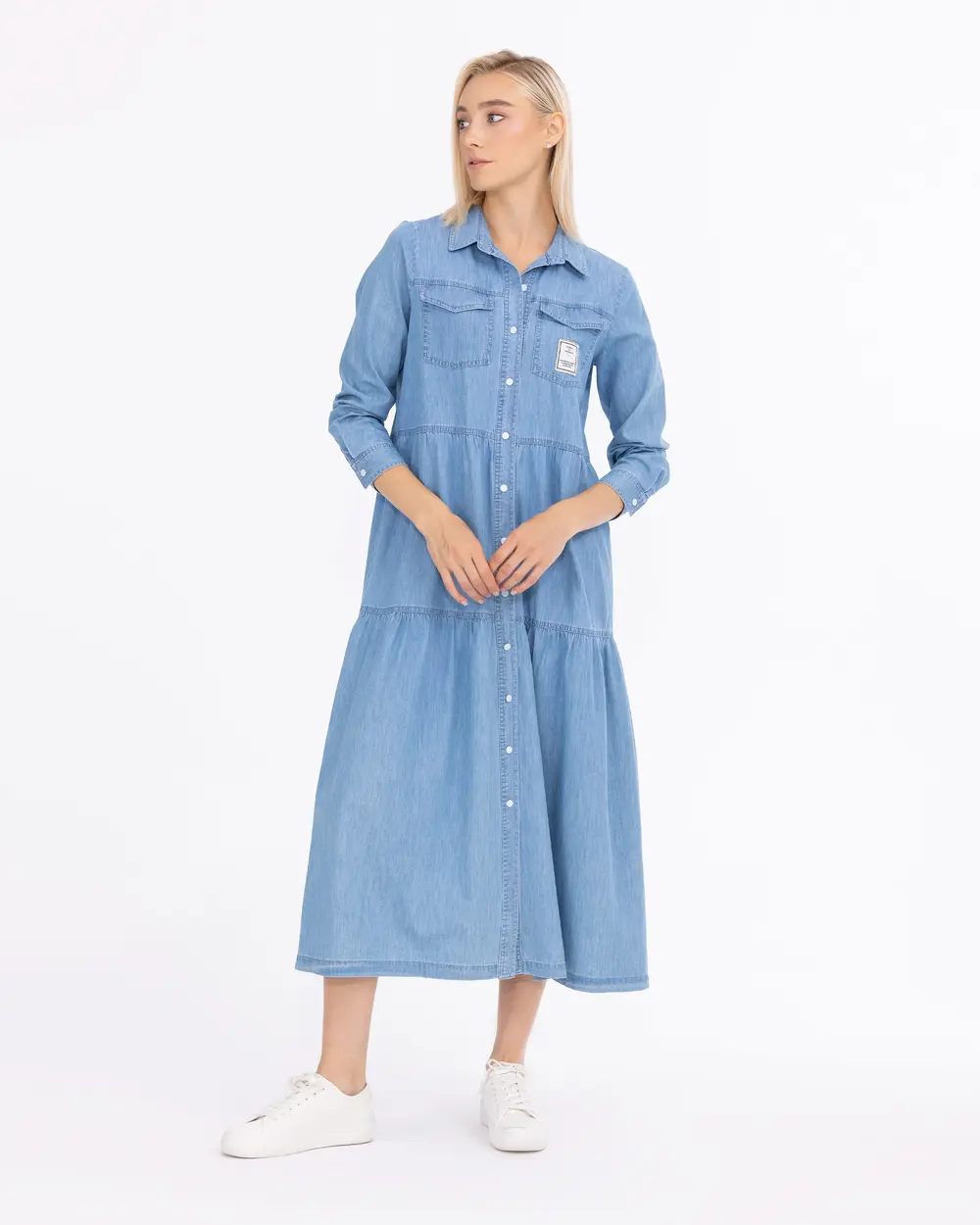 Cep Detaylı ÇıtÇıt Düğmeli Uzun Boy Jean Elbise