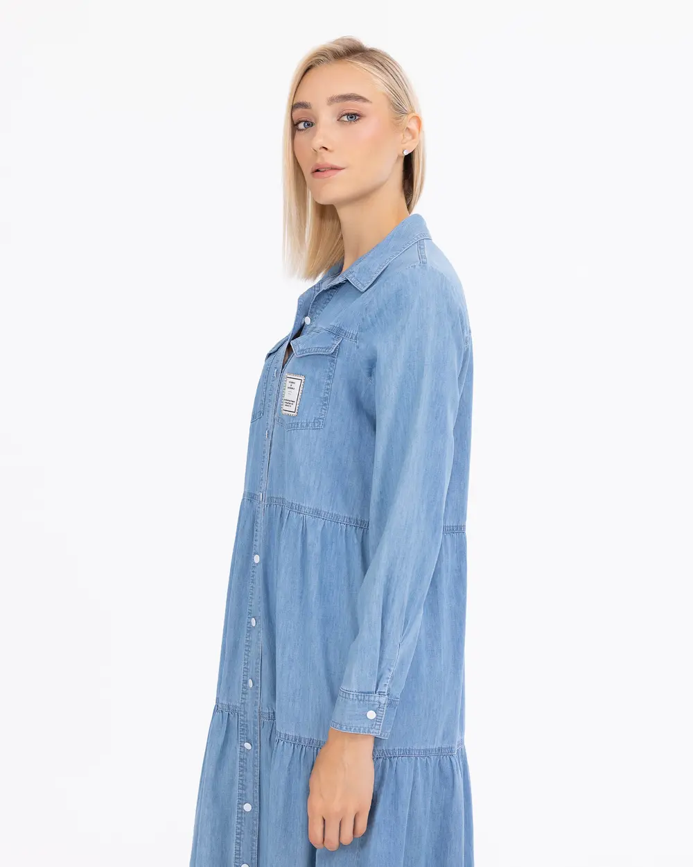 Cep Detaylı ÇıtÇıt Düğmeli Uzun Boy Jean Elbise