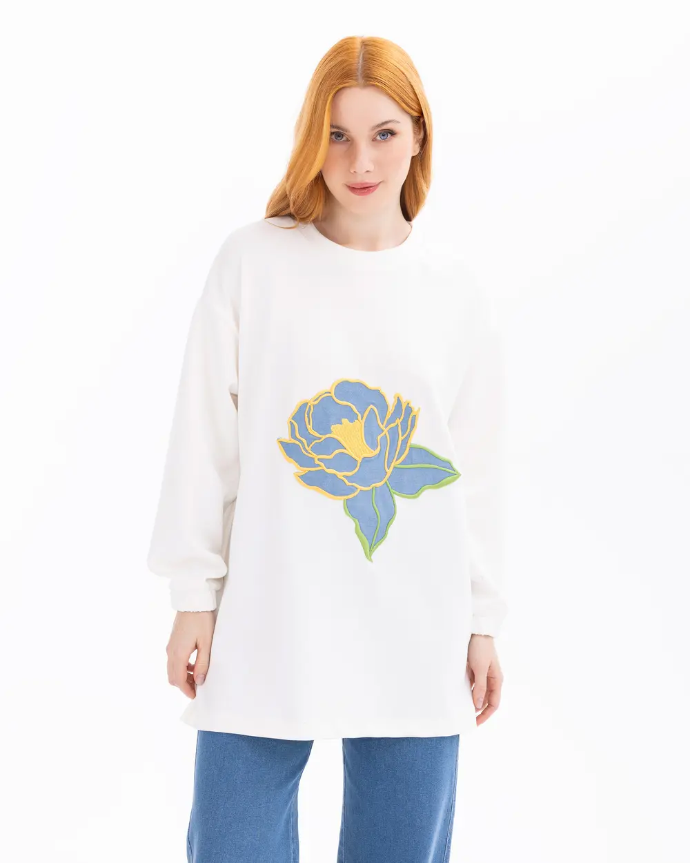 Çiçek İşlemeli Örme Sweatshirt