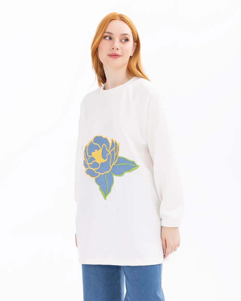 Çiçek İşlemeli Örme Sweatshirt