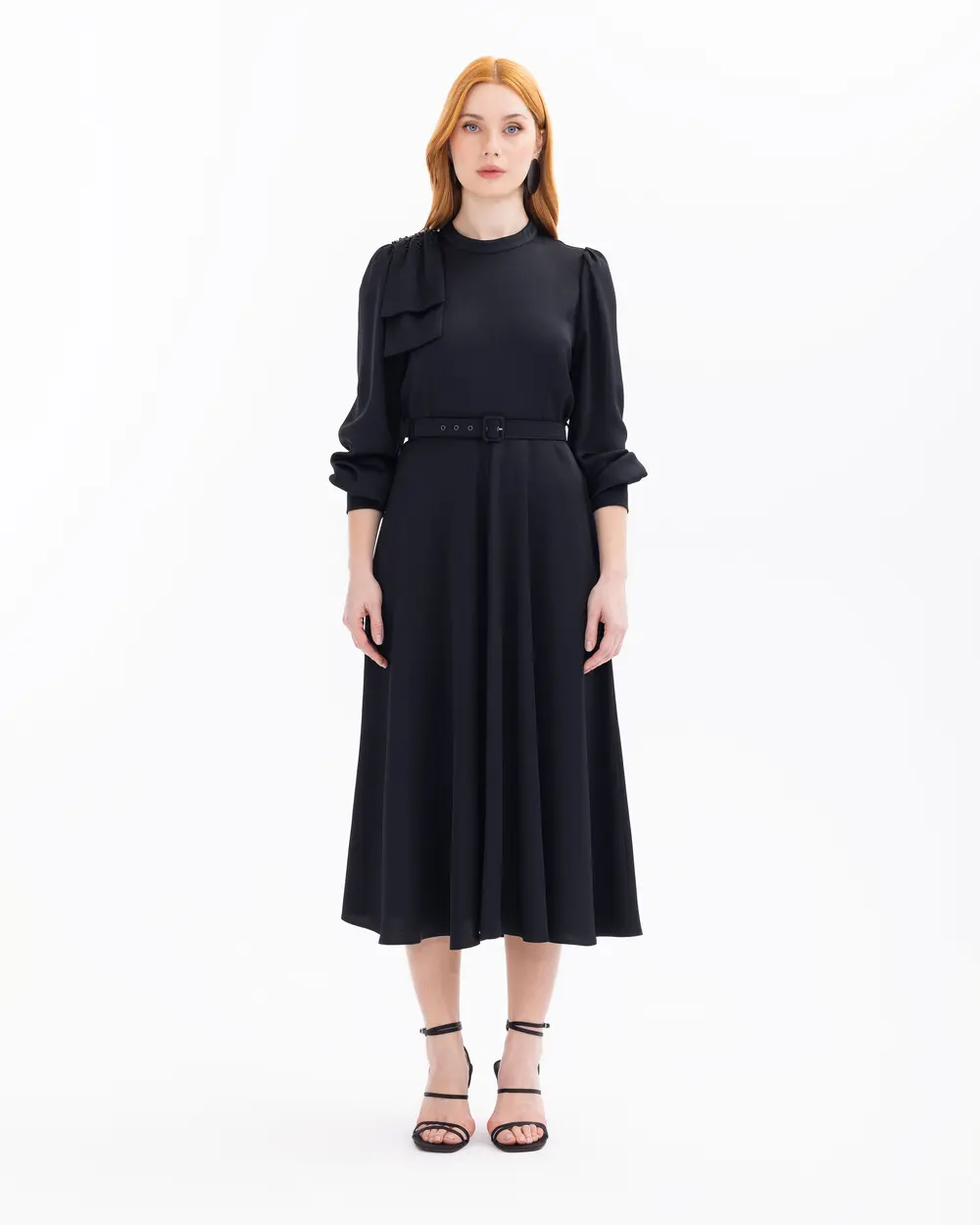 Belted Full Length Dress with Shoulder Detail