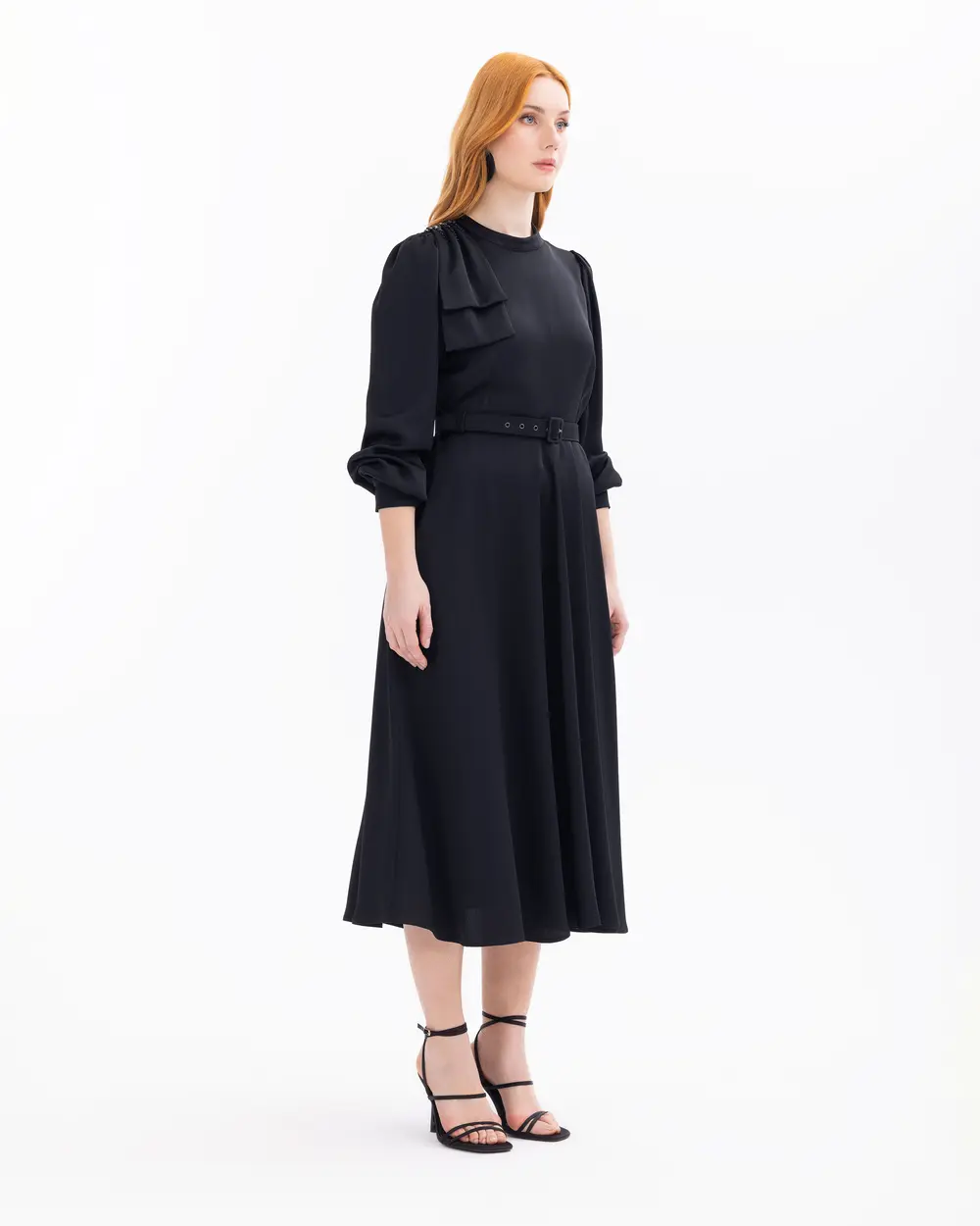 Belted Full Length Dress with Shoulder Detail