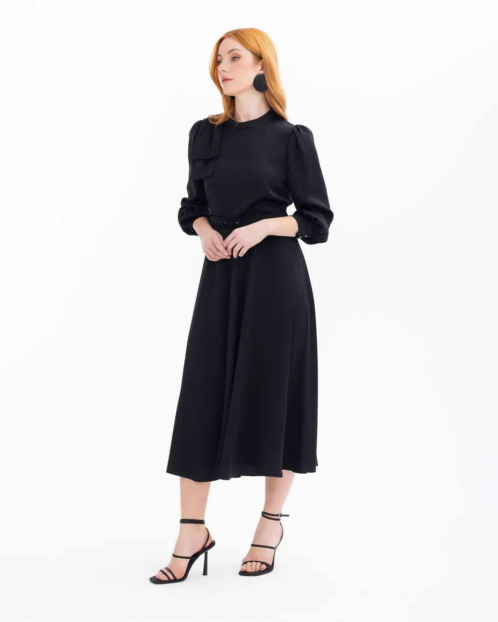 Belted Full Length Dress with Shoulder Detail