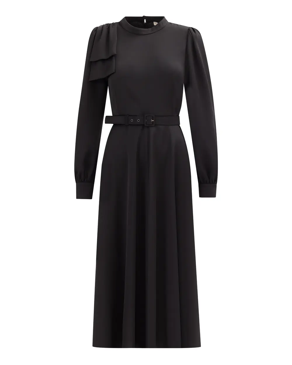 Belted Full Length Dress with Shoulder Detail