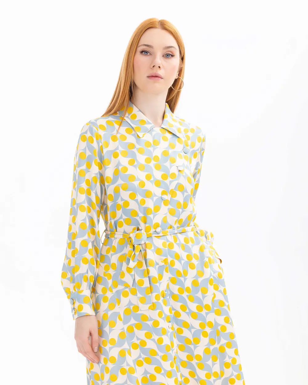 Geometric Patterned Pocket Detailed Belted Dress