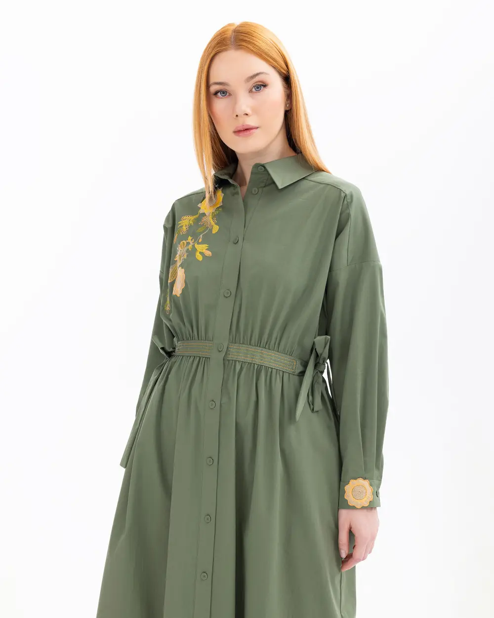 Embroidered Pocket Detailed Buttoned Dress