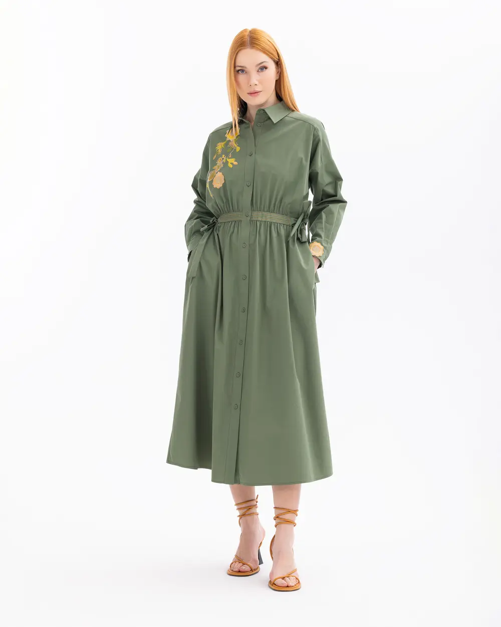 Embroidered Pocket Detailed Buttoned Dress