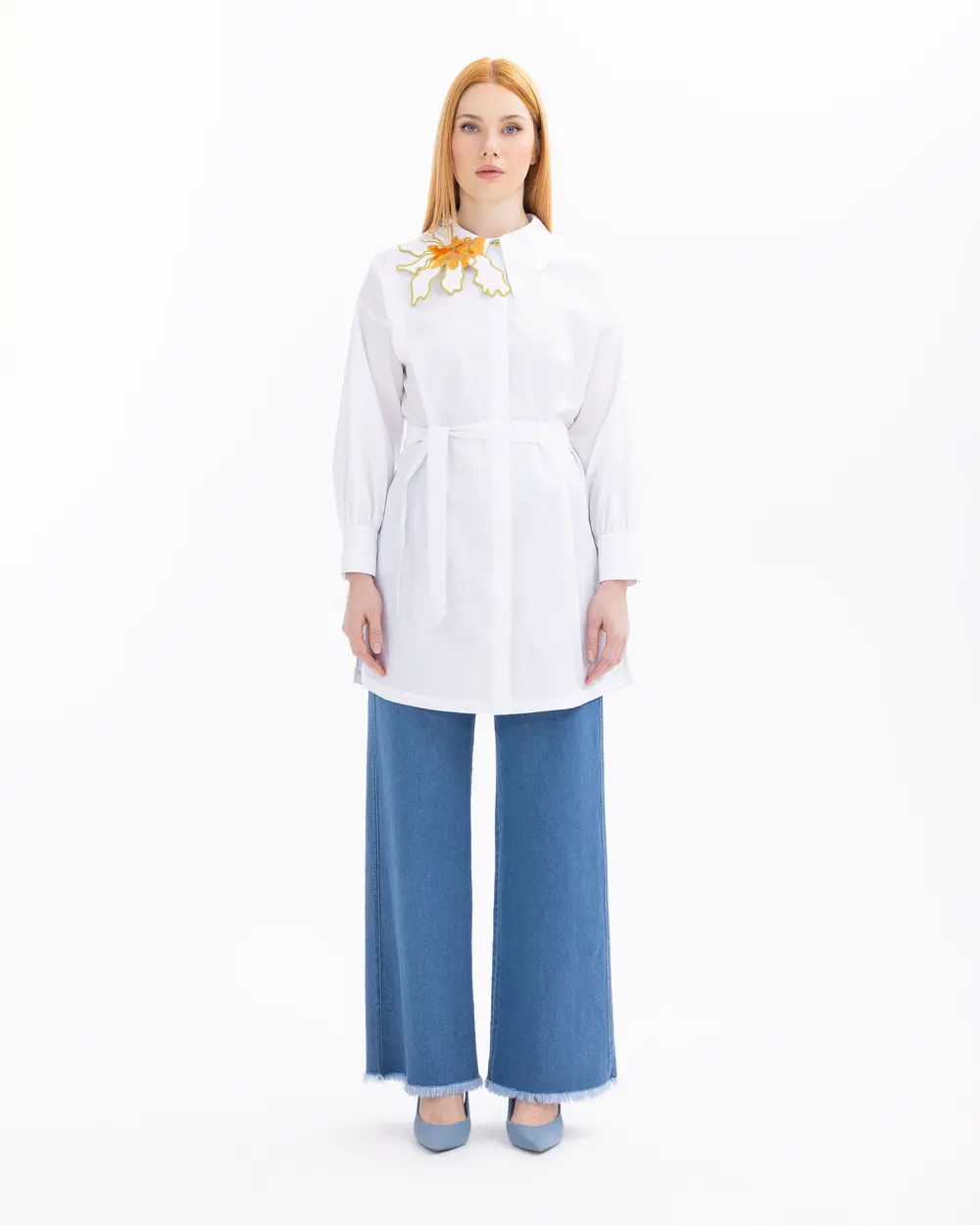 Belted Shirt Tunic with Collar Detail
