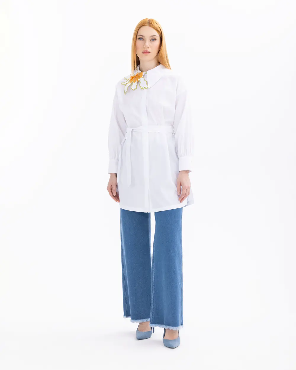 Belted Shirt Tunic with Collar Detail