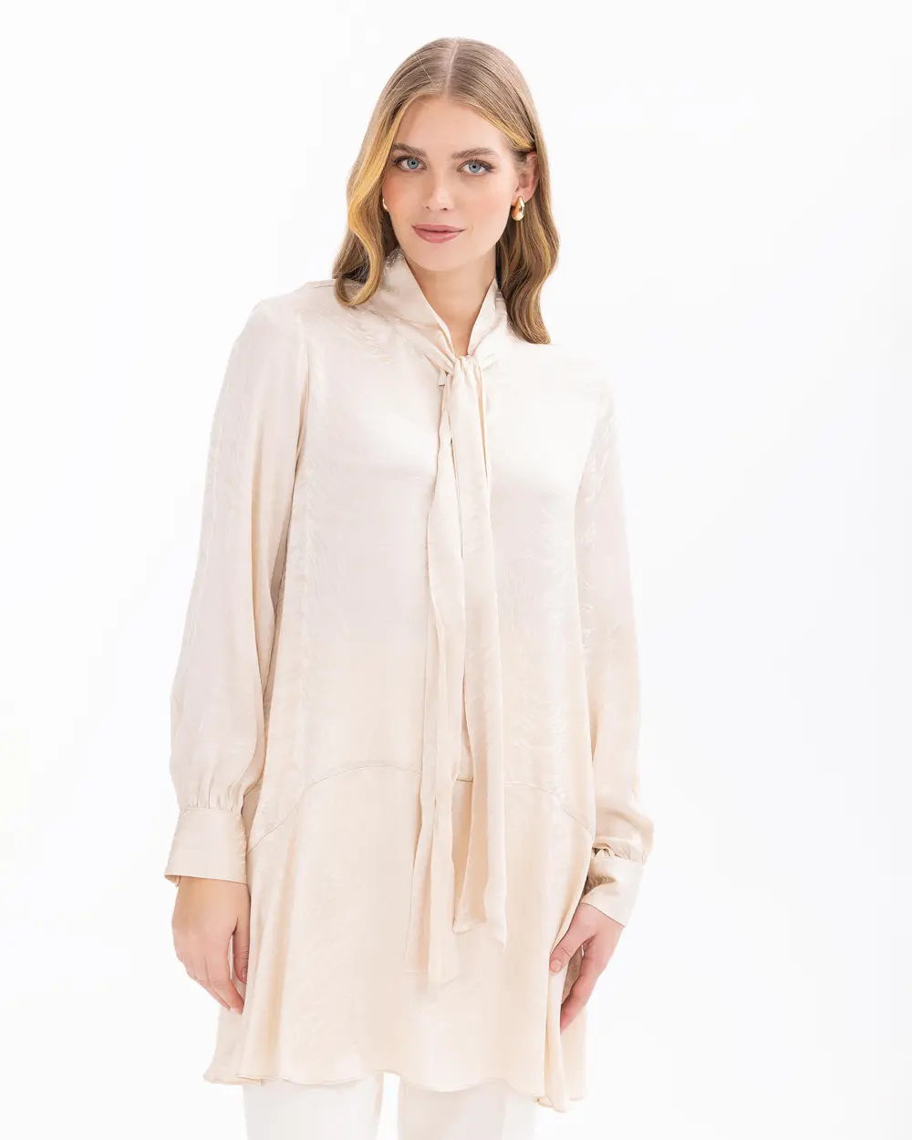 Woven Fabric Tunic with Scarf Collar