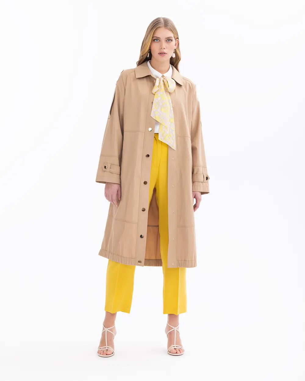 Buttoned Knee-length Trench Coat with Belt
