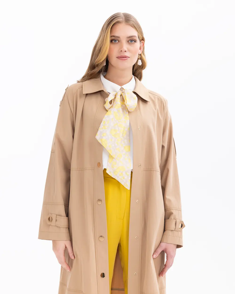 Buttoned Knee-length Trench Coat with Belt