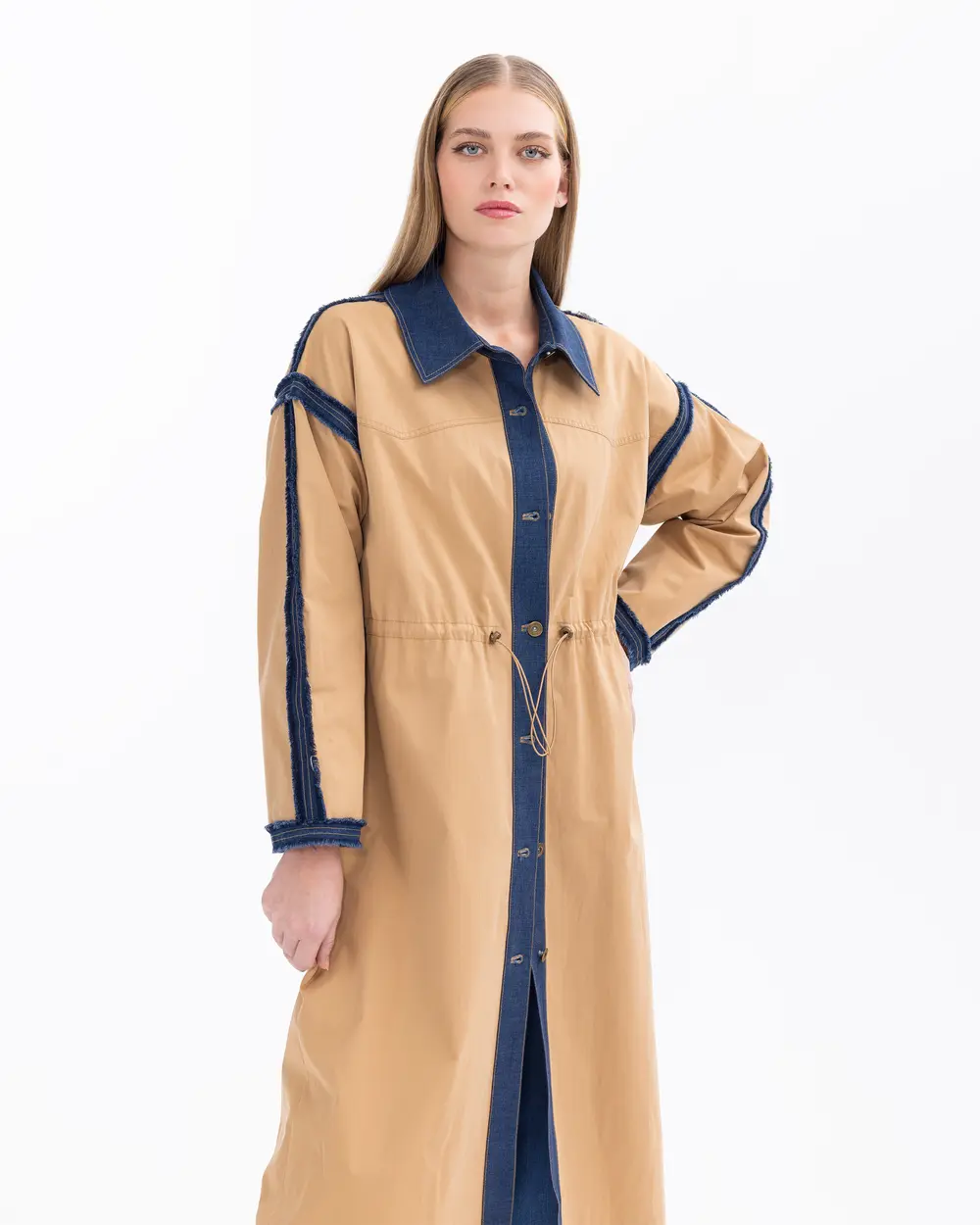 Buttoned Trench Coat with Drawstring Waist and Pocket Details