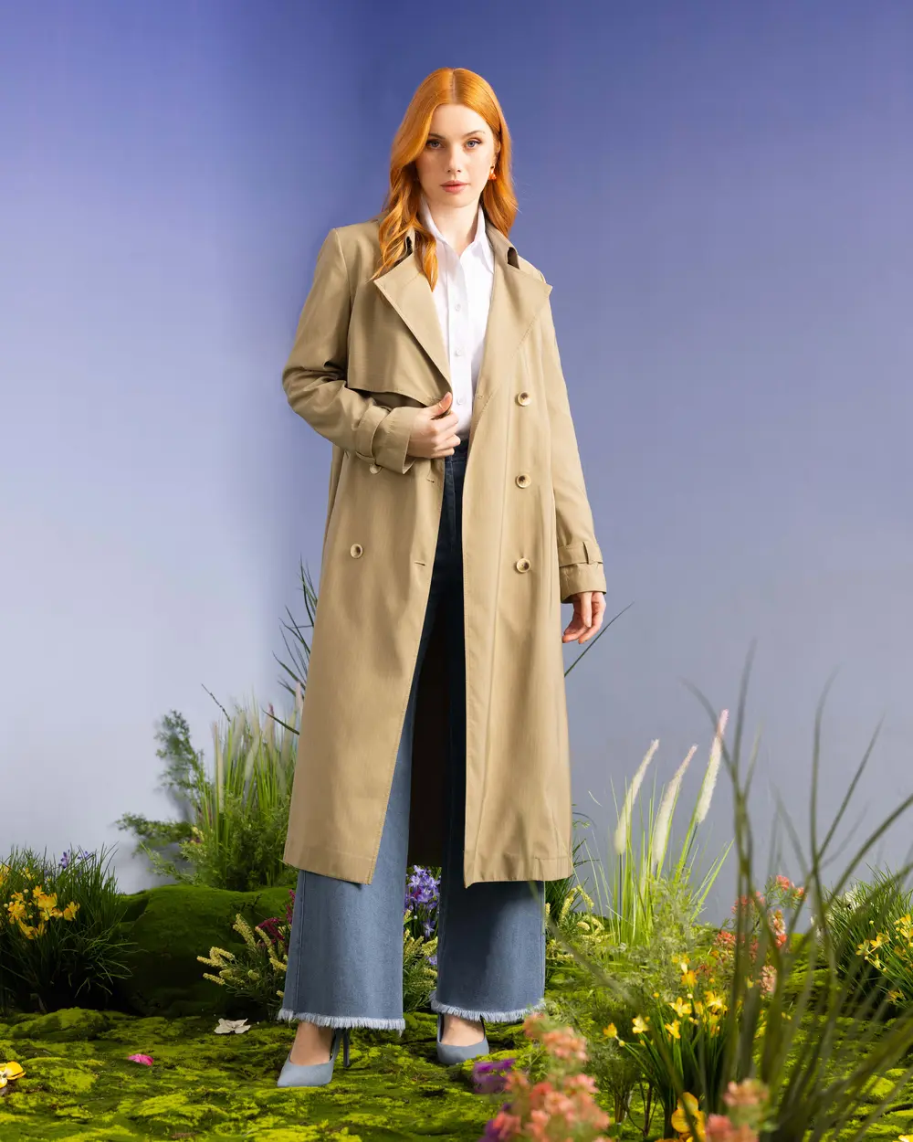 Double-breasted Collar Belted Knee-length Trench Coat