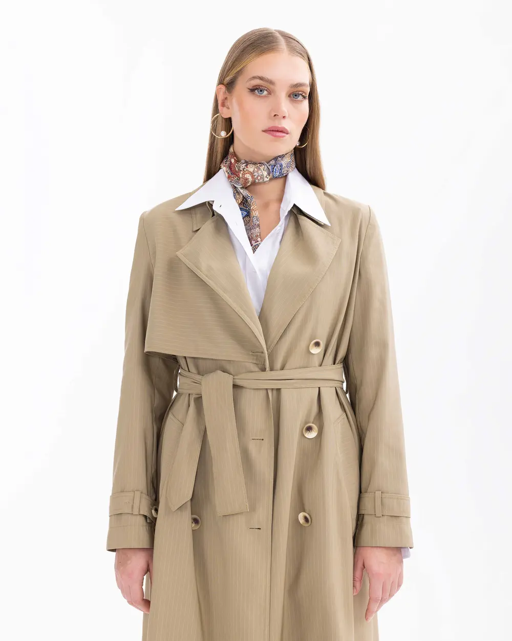 Double-breasted Collar Belted Knee-length Trench Coat