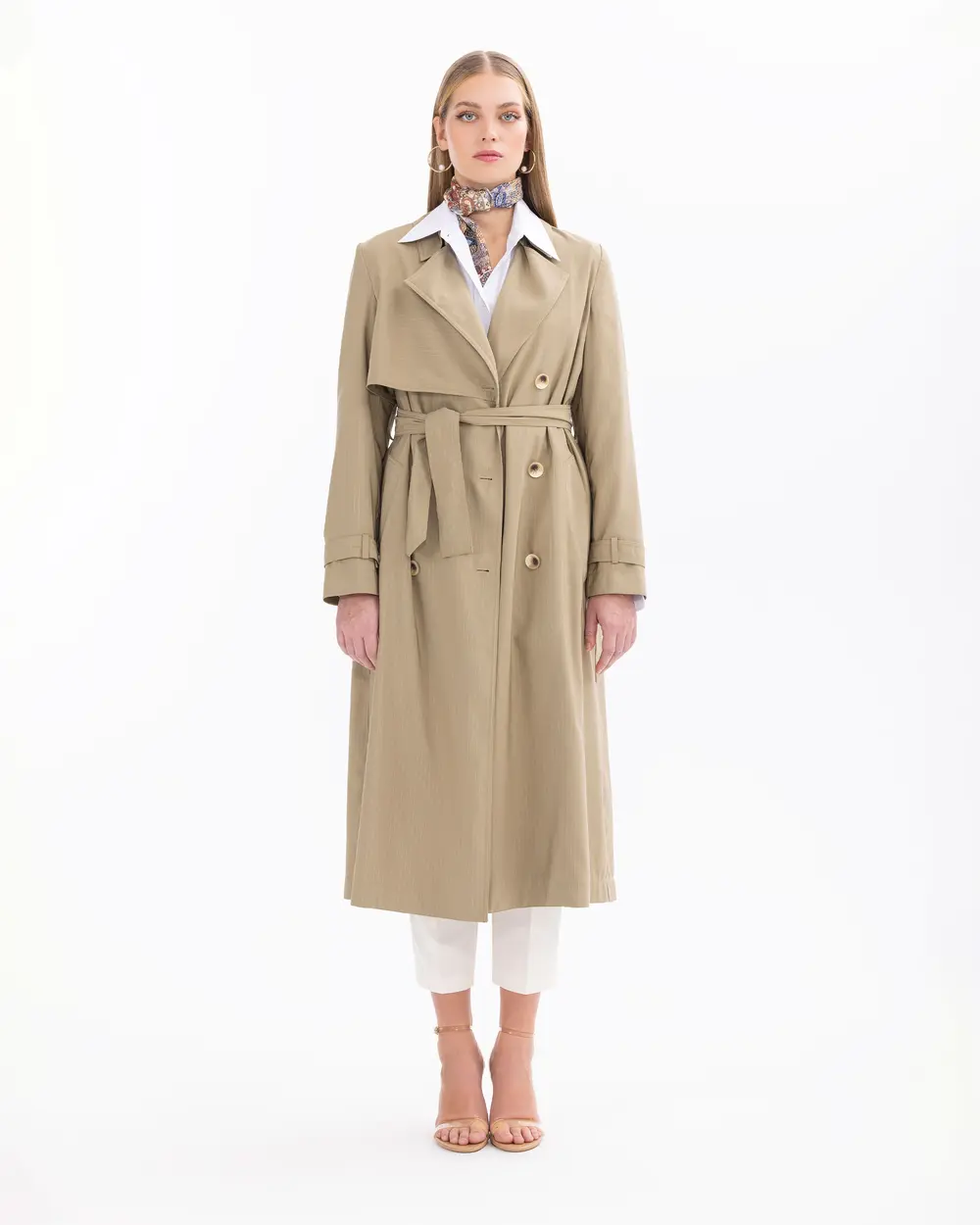 Double-breasted Collar Belted Knee-length Trench Coat