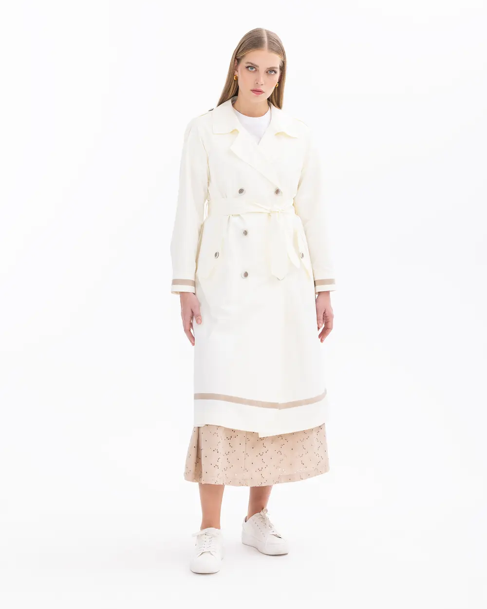 Lined Knee-length Trench Coat with Pocket Details