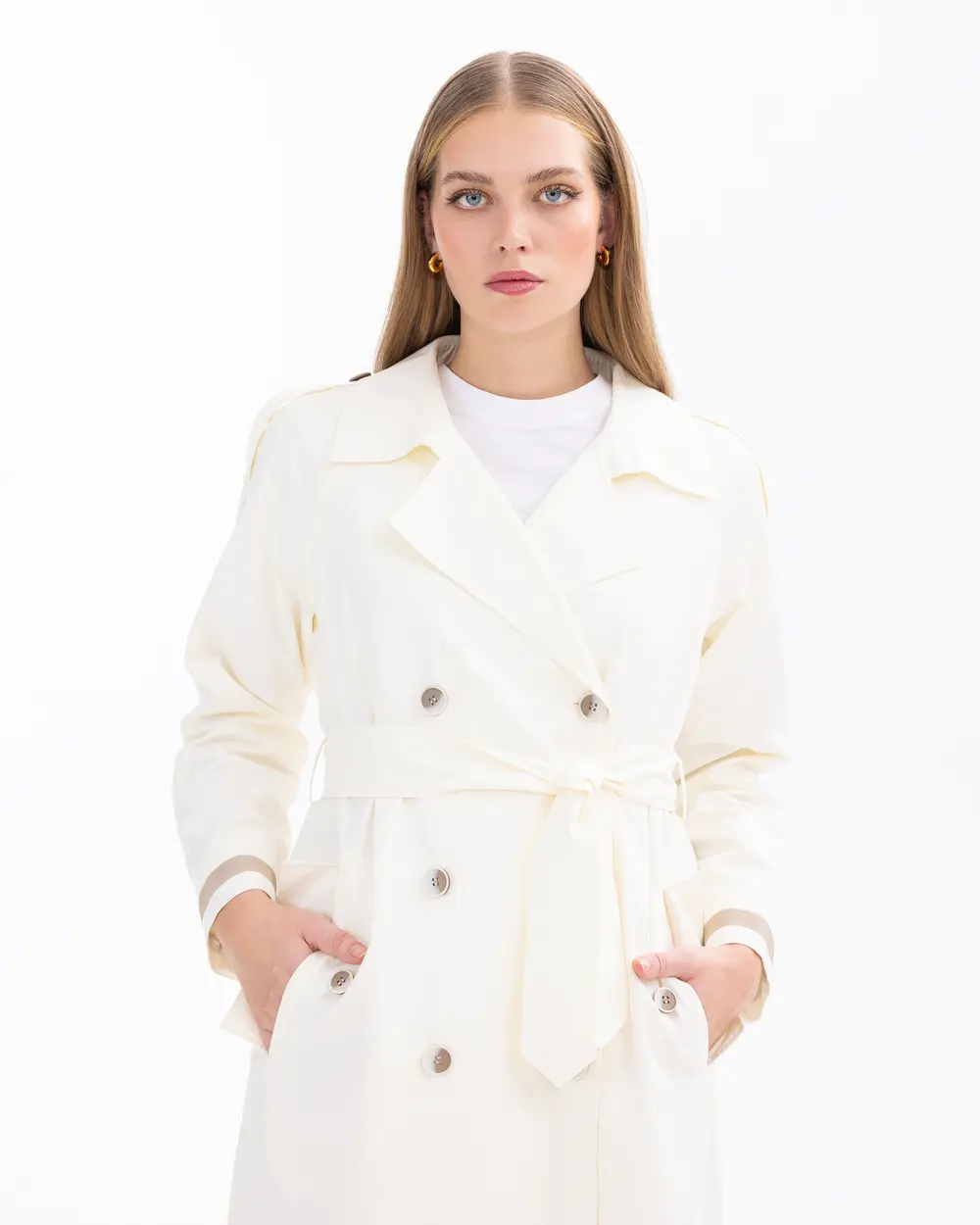 Lined Knee-length Trench Coat with Pocket Details