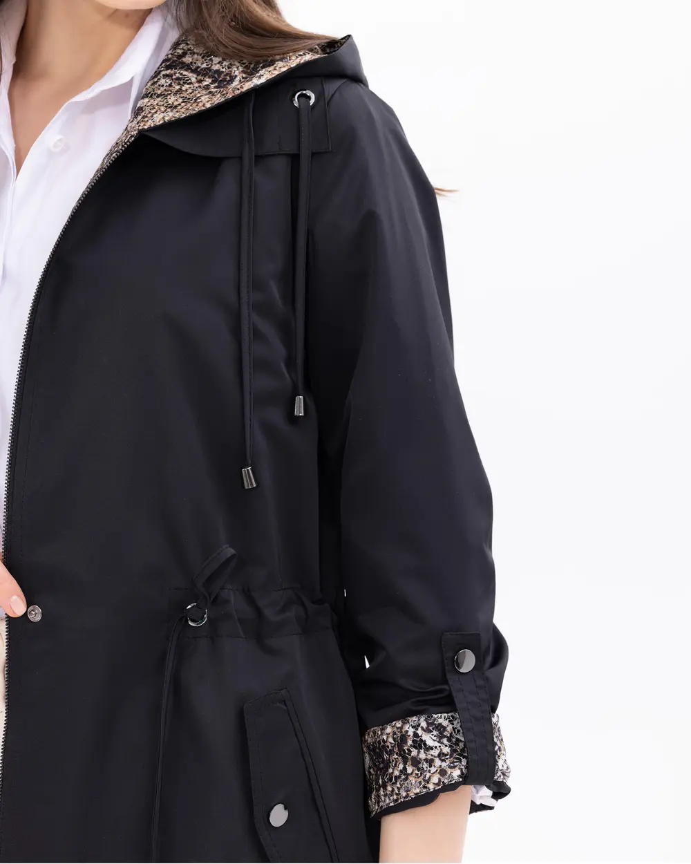 Lining Leopard Print Hooded Trench Coat