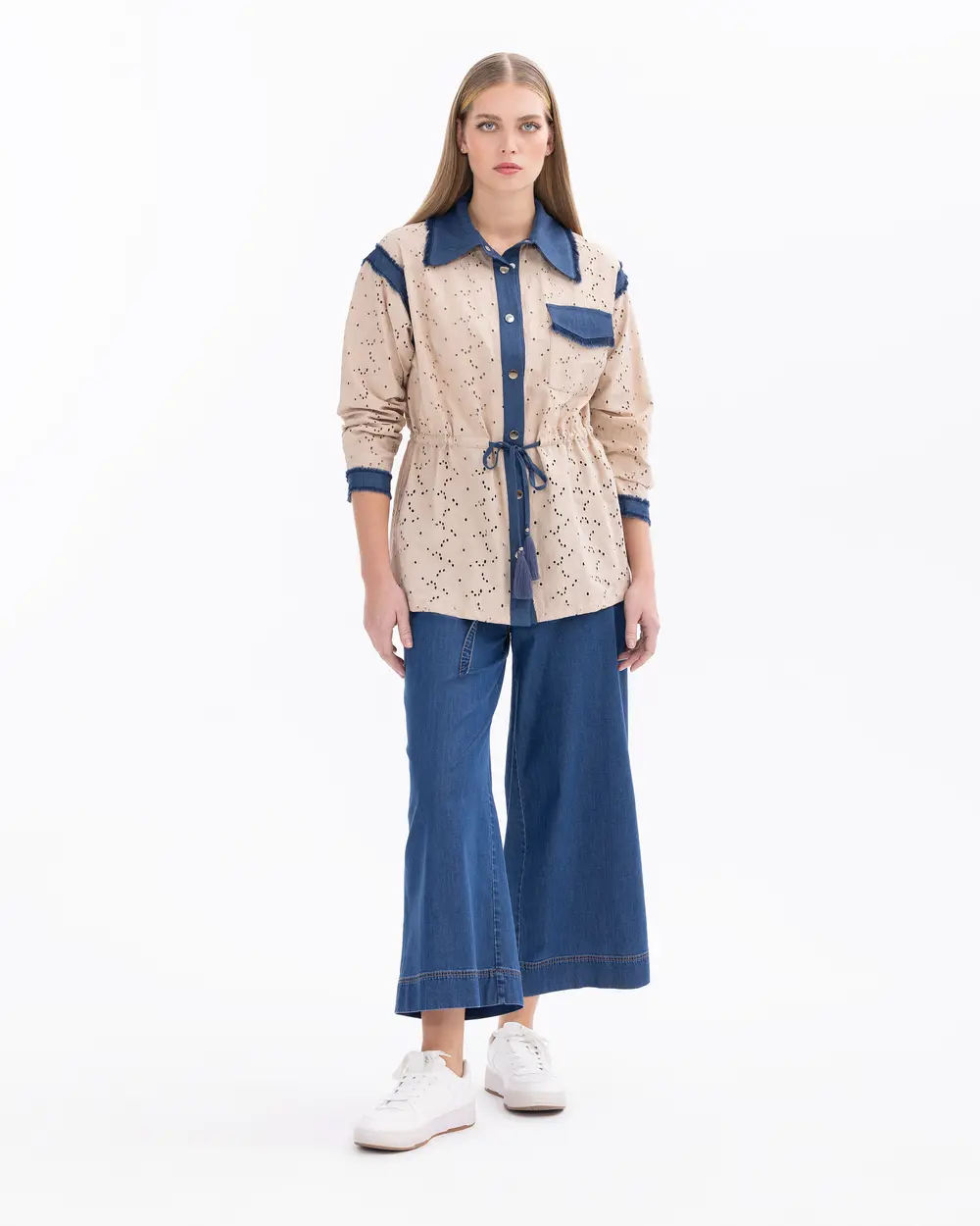 Shirt Collar Buttoned Jacket with Drawstring Waist