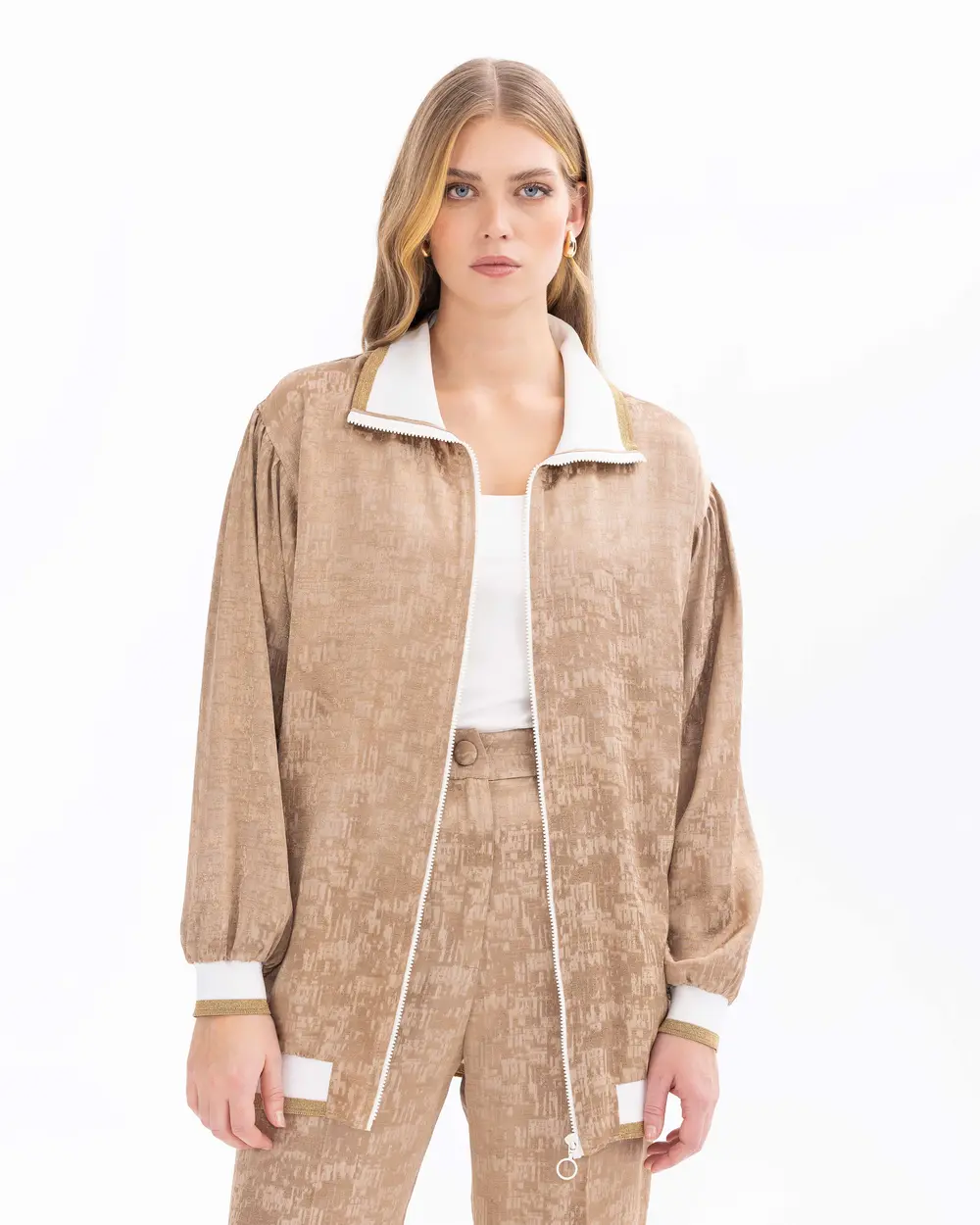 Woven Fabric Bomber Jacket with Patterned Zipper Detail