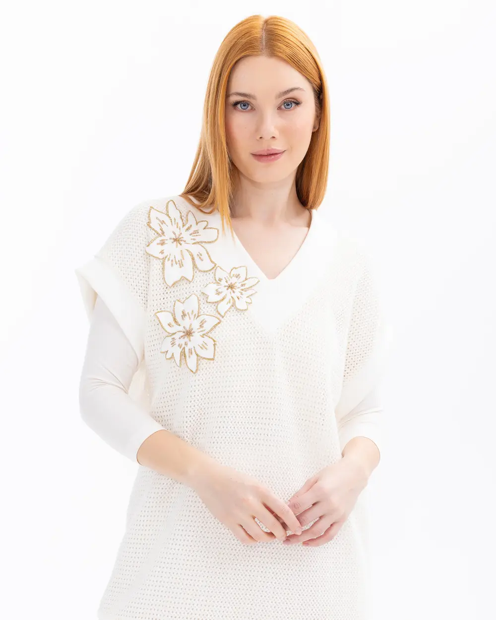 V-Neck Double Fabric Mesh Sweater