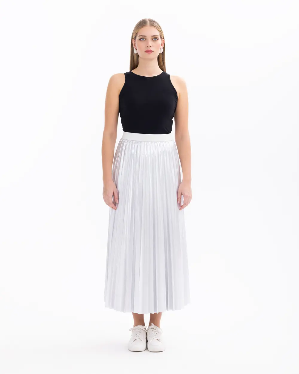 Pleated Elastic Waist Maxi Length Skirt