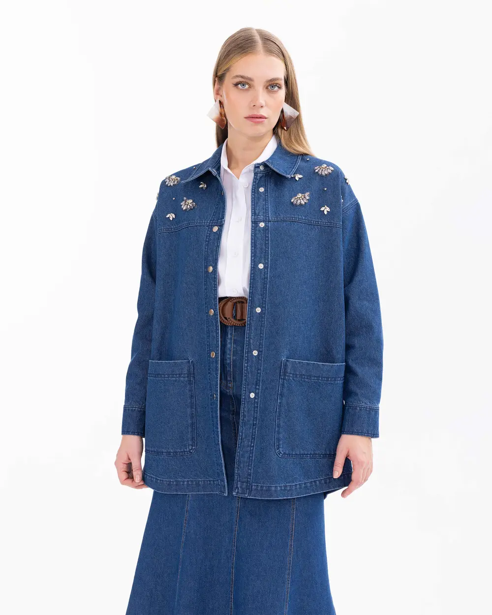 Taşlı Cep Detaylı Jean Ceket