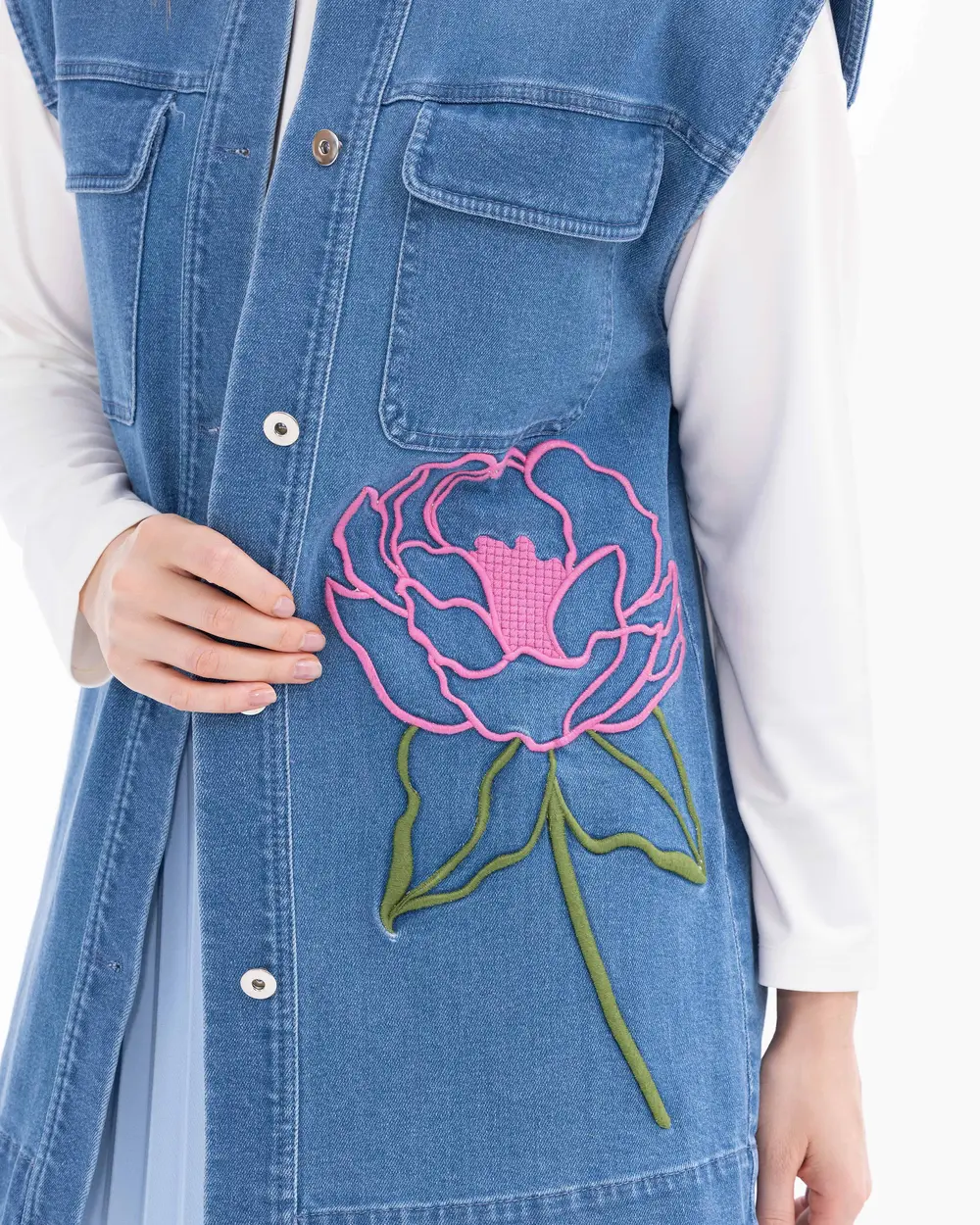 Flower Embroidered Hip Length Jean Vest