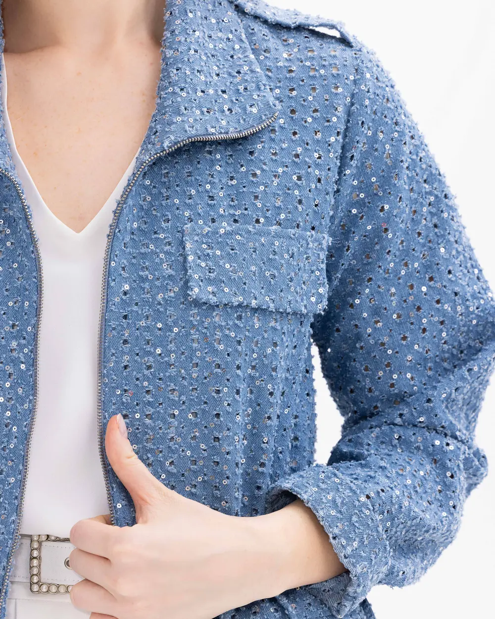 Jean Jacket with Zippered Sequin Detail