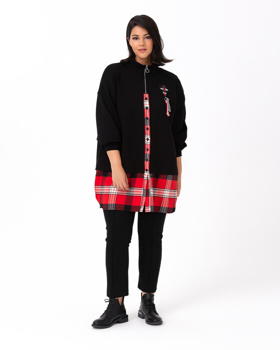 Büyük Beden Ekose Desen Detaylı Sweatshırt