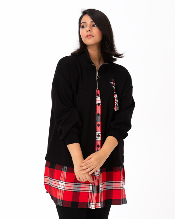 Büyük Beden Ekose Desen Detaylı Sweatshırt