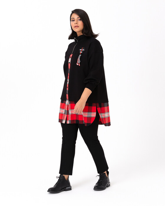 Büyük Beden Ekose Desen Detaylı Sweatshırt