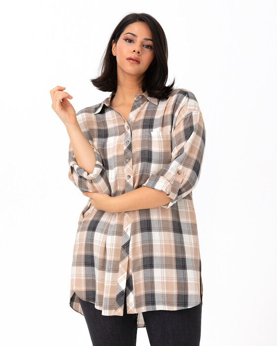 Büyük Beden Ekoseli Çift Cepli Gömlek