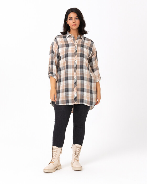Büyük Beden Ekoseli Çift Cepli Gömlek