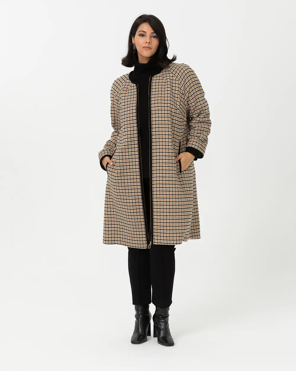 GALAXİ PLUS SIZE ROUND NECK PATTERNED COAT