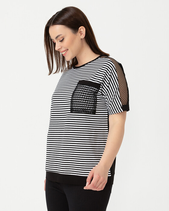 PLUS SIZE STRIPED T-SHIRT WITH MESH DETAIL