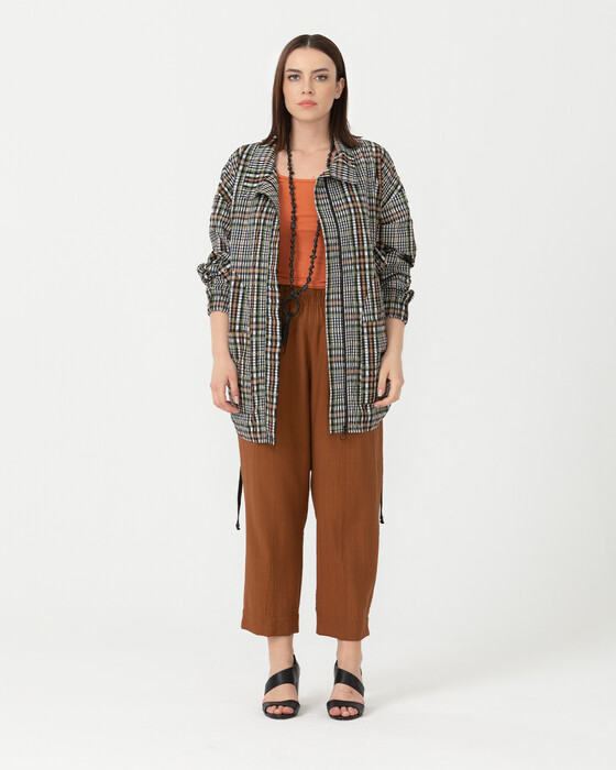 Büyük Beden Ekose Desenli Trençkot