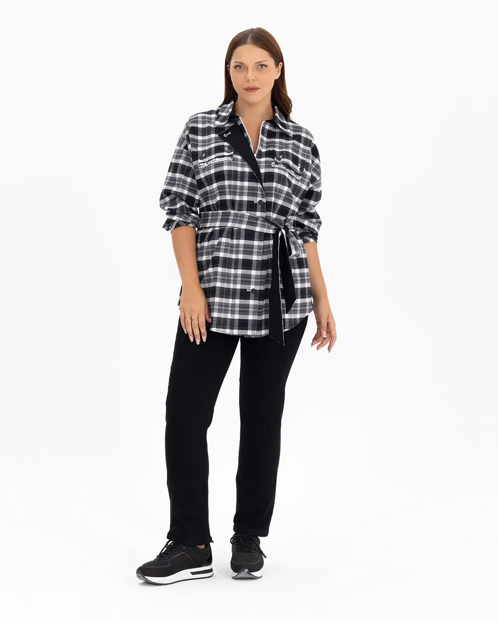  Plus Size Checked Patterned Shirt With Belt