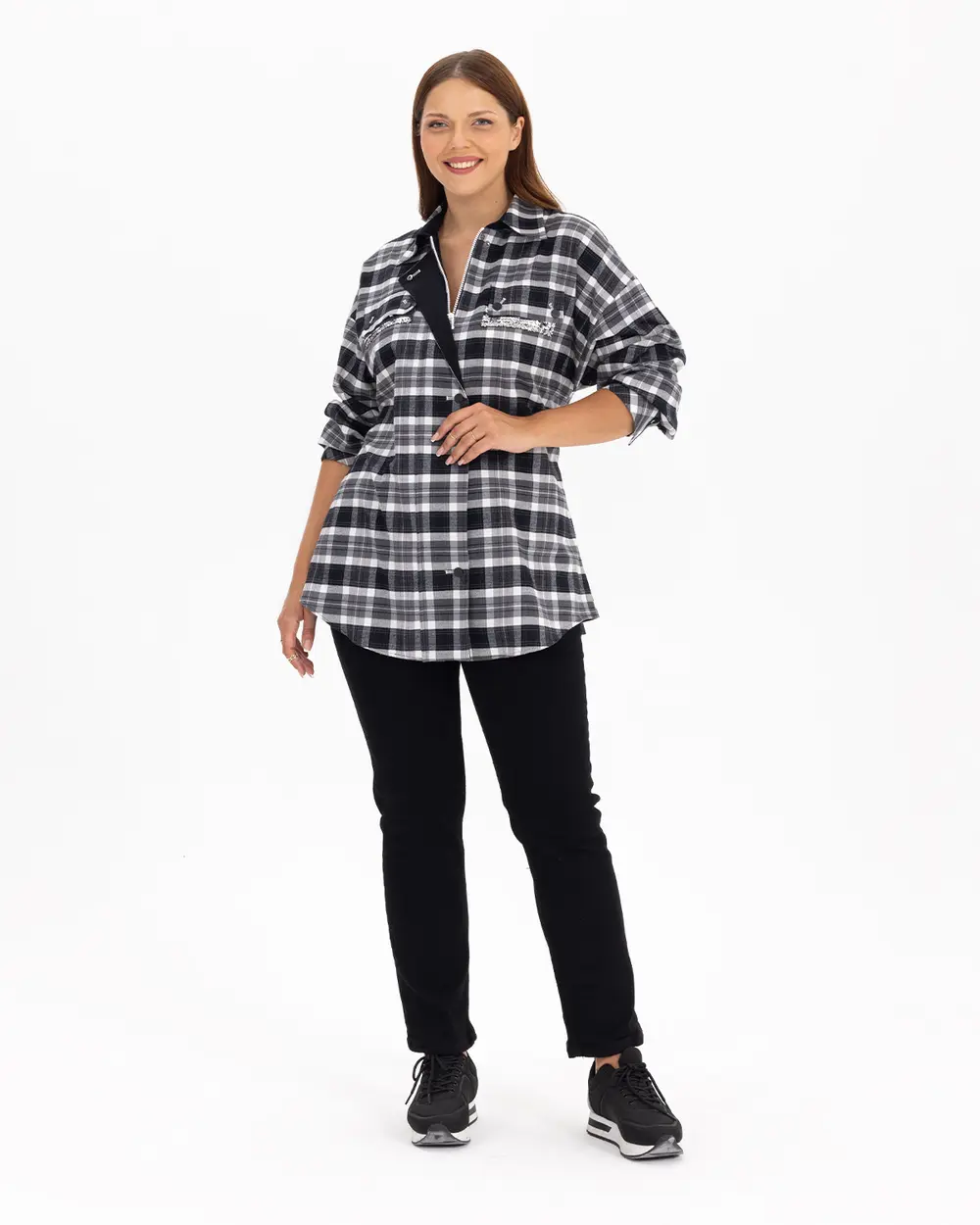  Plus Size Checked Patterned Shirt With Belt