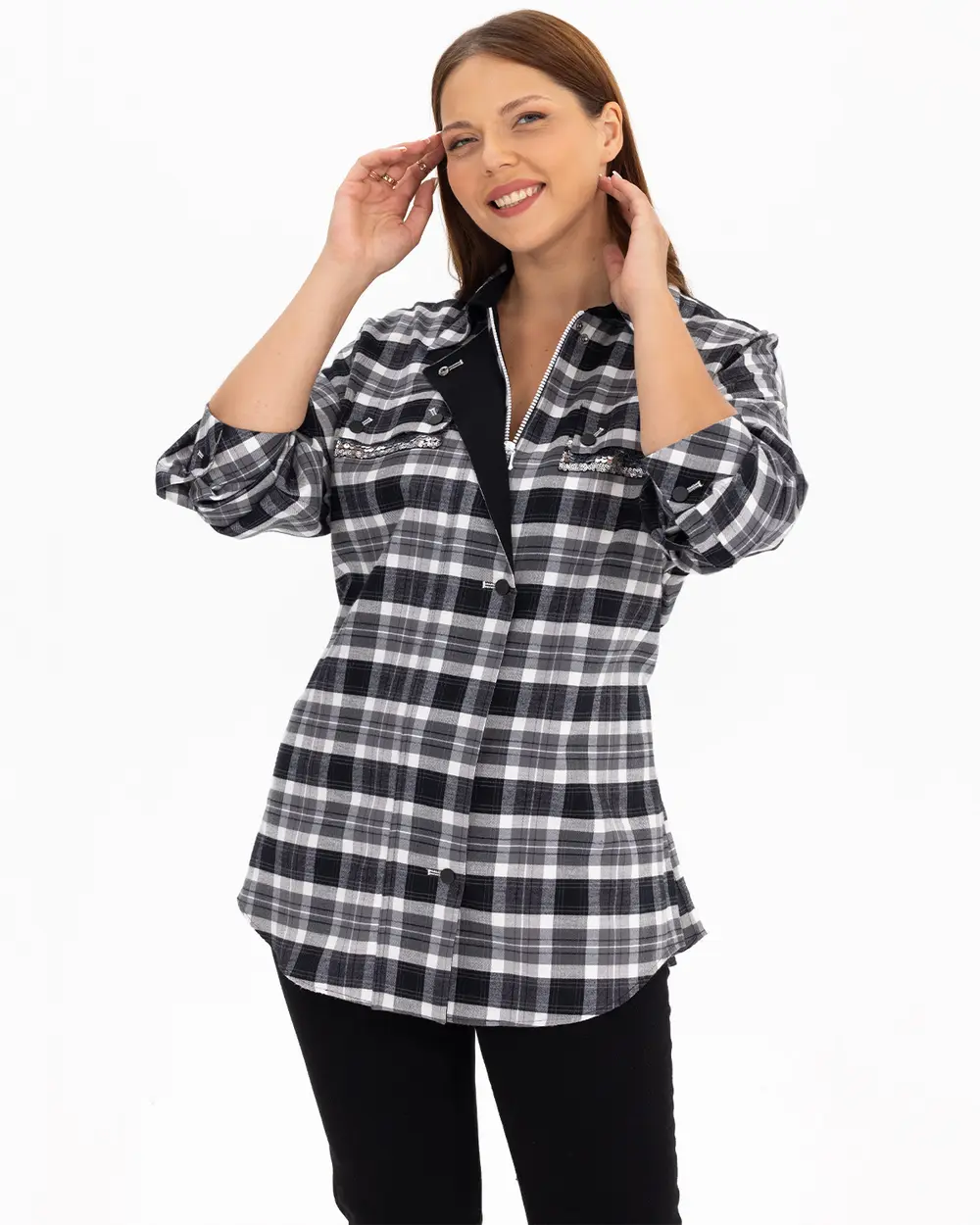  Plus Size Checked Patterned Shirt With Belt