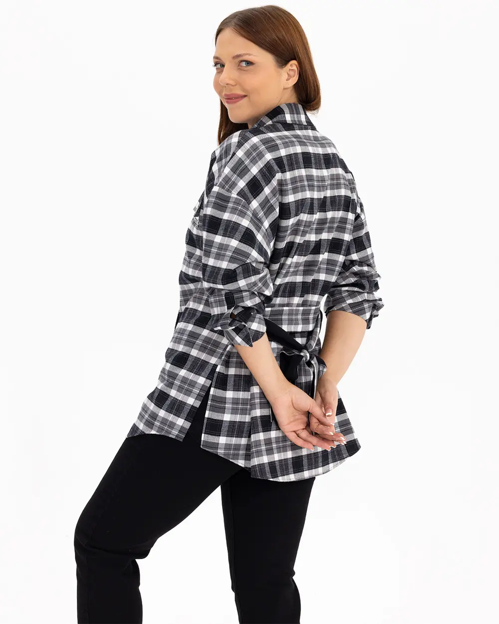  Plus Size Checked Patterned Shirt With Belt