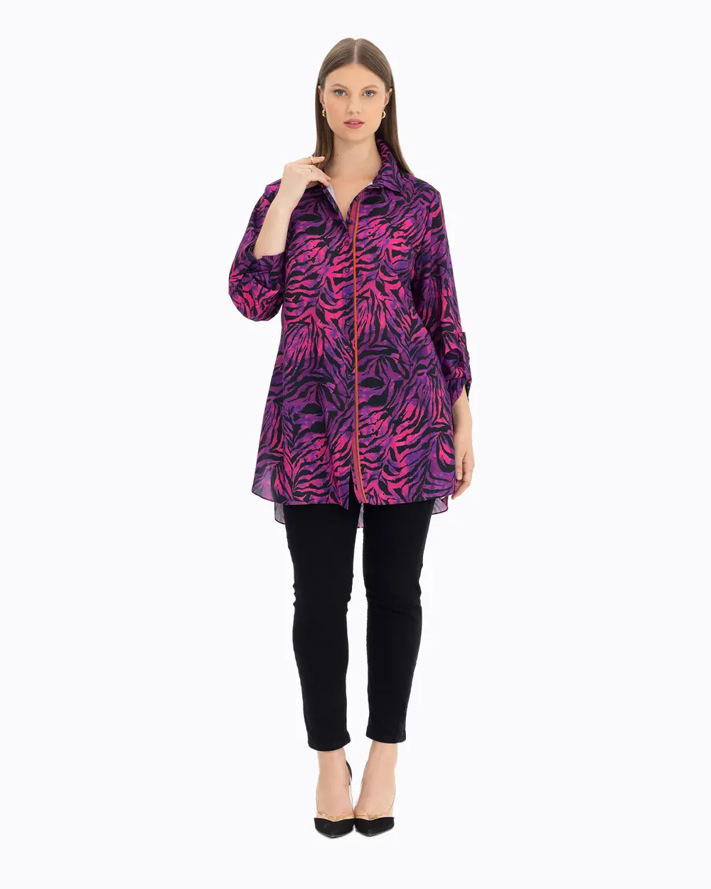 Büyük Beden Renkli Zebra Desenli Gömlek