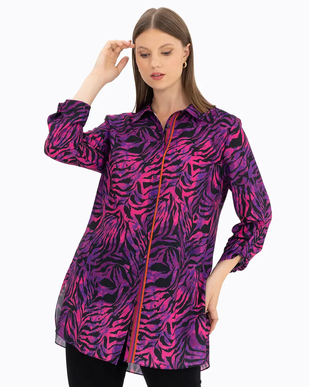 Büyük Beden Renkli Zebra Desenli Gömlek